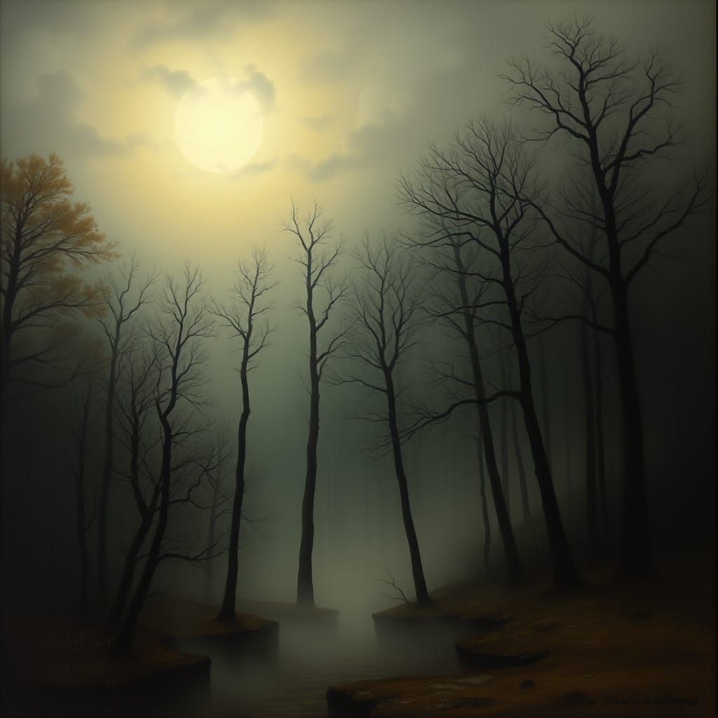 Misty Moonlit Forest in Romantic Landscape Style