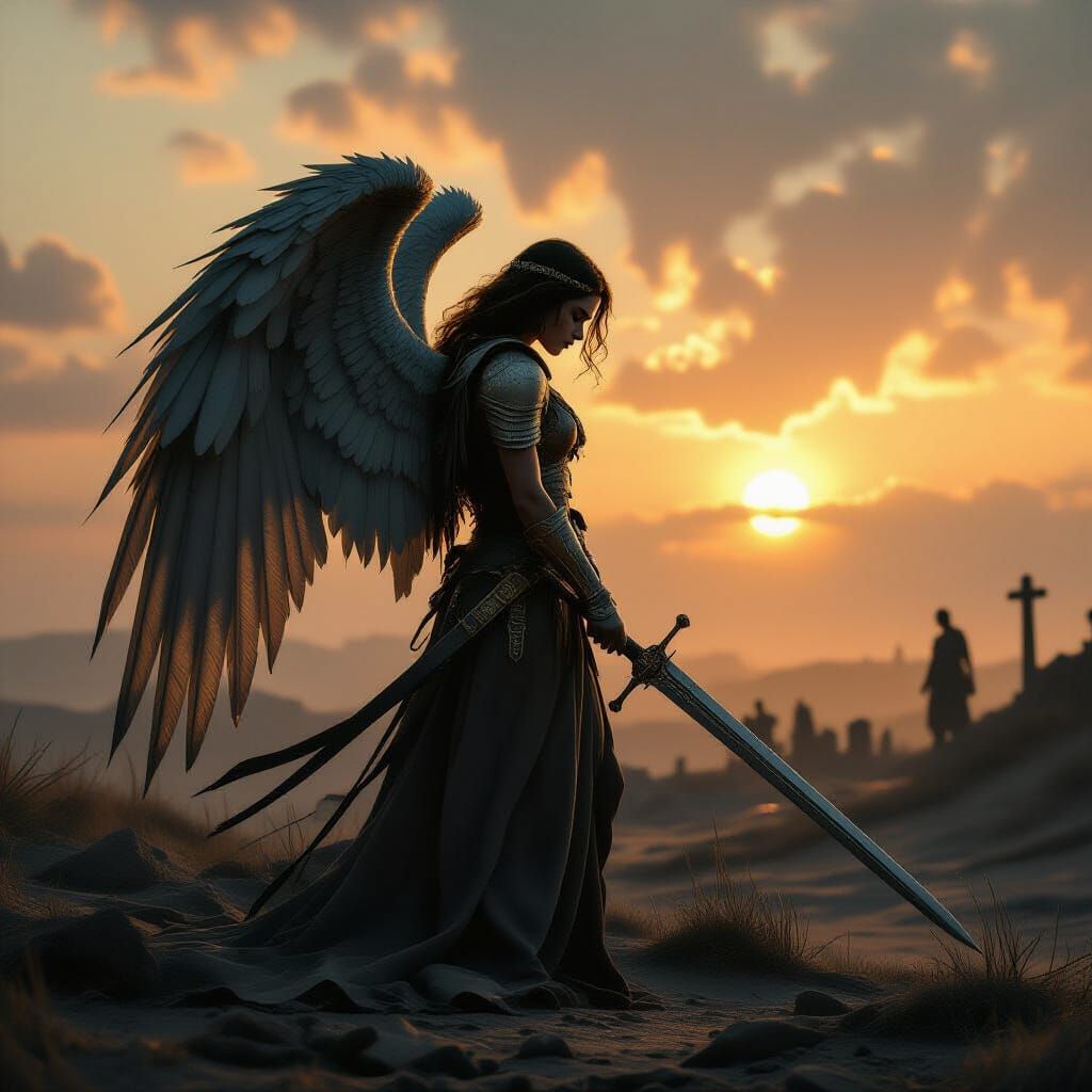 Solitary Angel on Ancient Battlefield, Caravaggio & Rembrand...