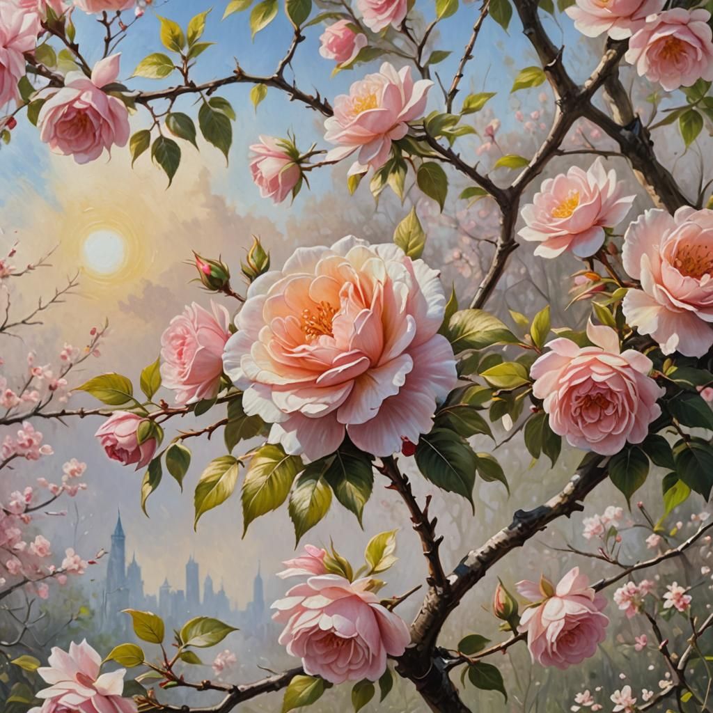 Cherry Blossom Tree Oil Painting in Claude Monet Style