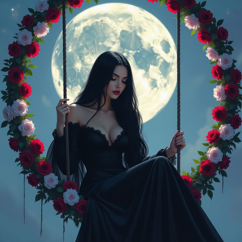 Gothic Woman on Floral Swing Under Moonlight