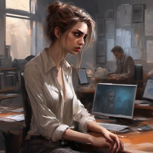Sad Modern Woman in Office, Royo Style