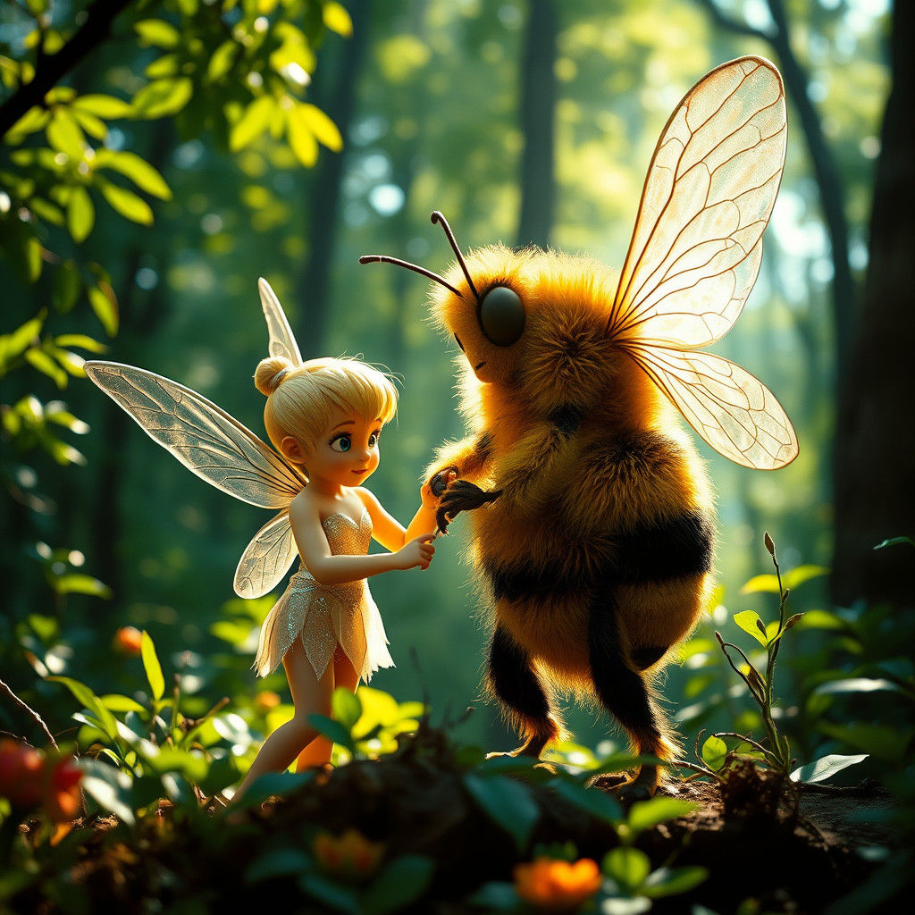 Tinkerbell and a Busy Bee Unite amidst a Vibrant Forest