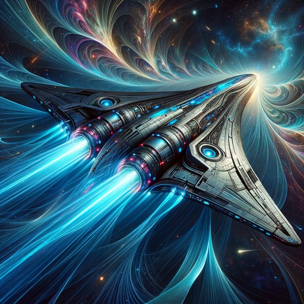 Metallic Starship Warp Jump in Deep Space