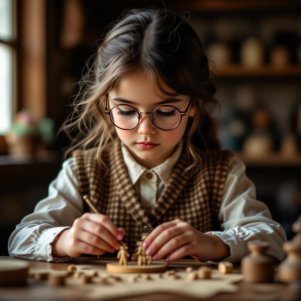 Girl Crafts Miniatures in Dramatic Cinematic Lighting