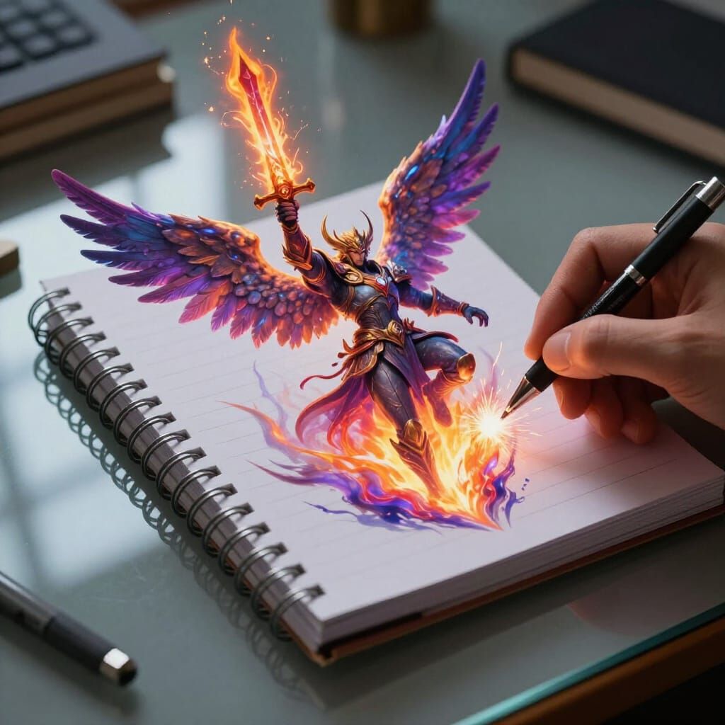 Warrior Angel Emerges From Notebook in Fiery Fantasy Art