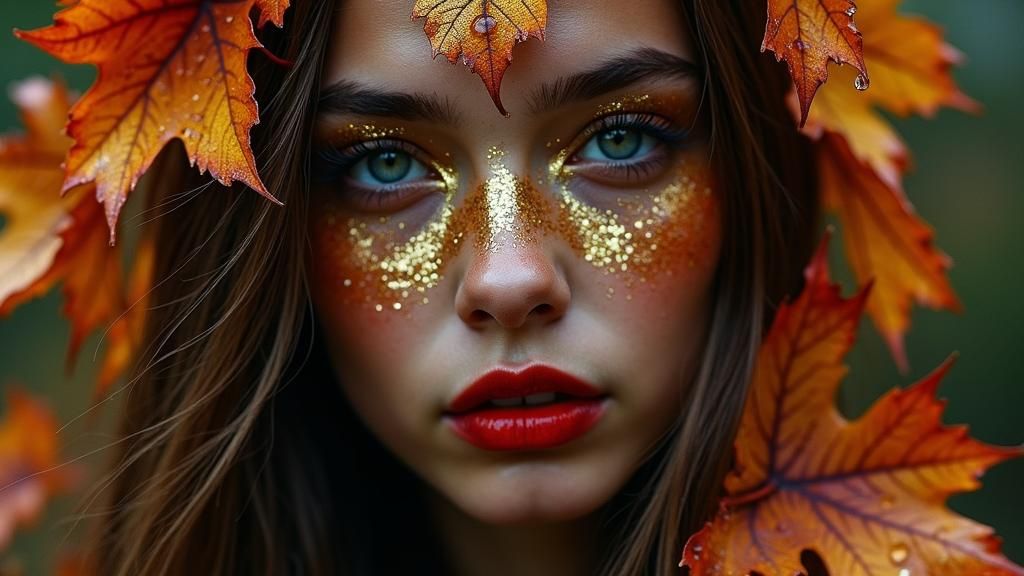 Autumn Girl with Blacklight Makeup in Hyper-Realistic Style