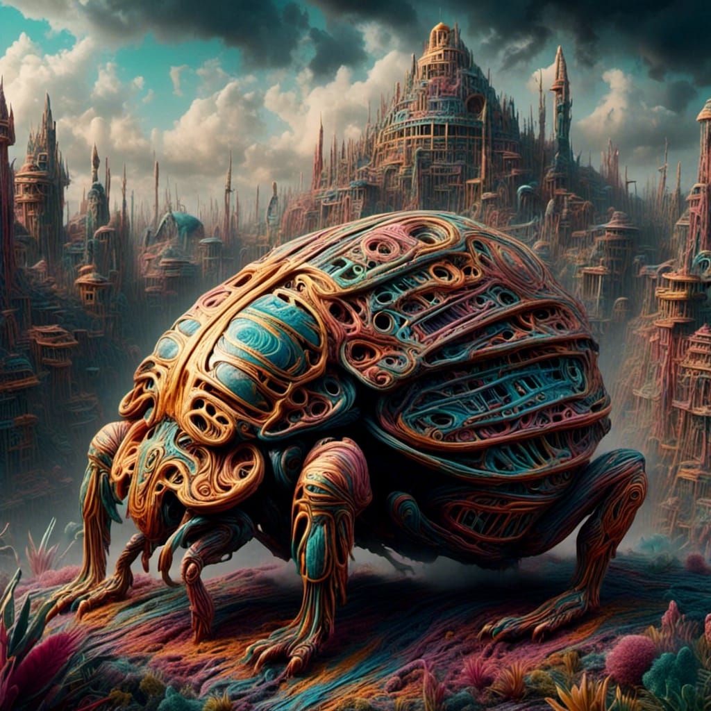 Egyptian Scarab Carries Pyramids in Surreal Cityscape