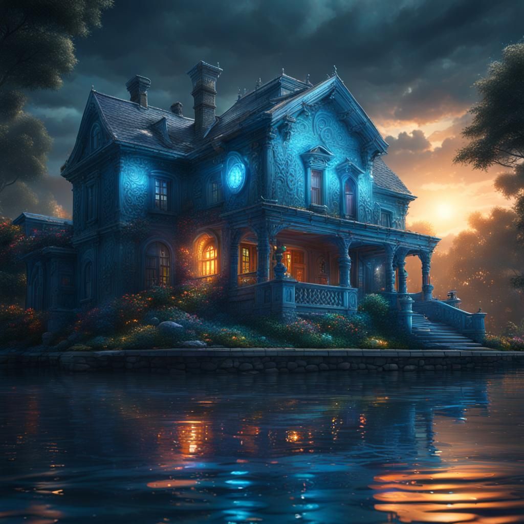 Glowing Blue House in Hyperrealistic Graffiti Art Style
