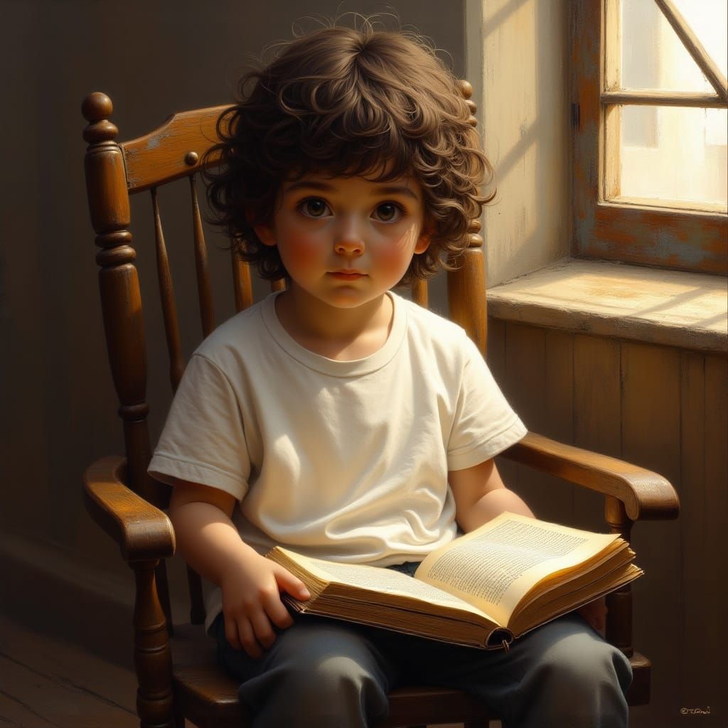 Yehoshua Reads in Sunlit Room, Classical Oil Painting