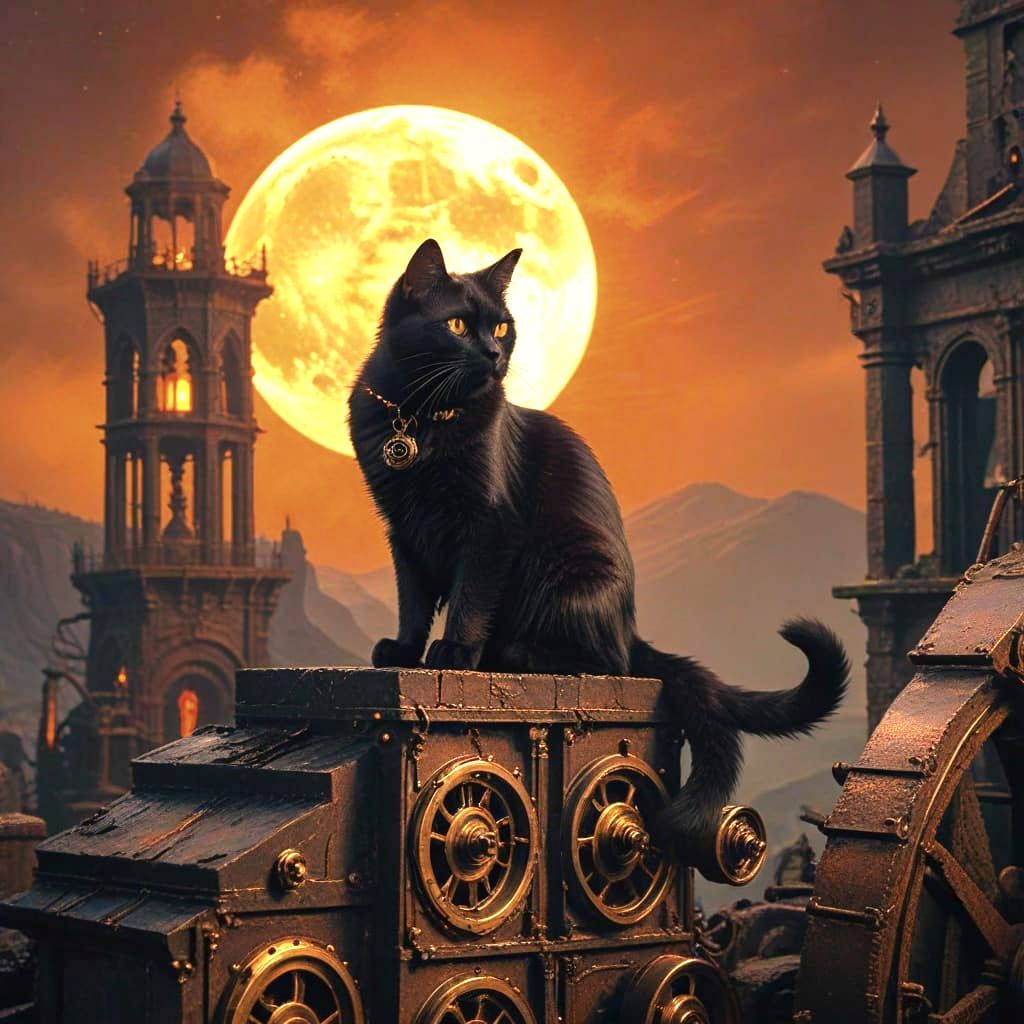 Steampunk Cats Under a Blood Moon
