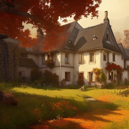 Farmhouse in Golden Fields, Art Nouveau Style