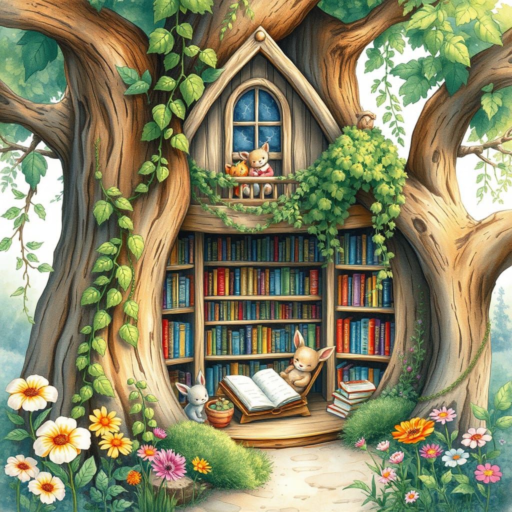 Whimsical Treehouse Library in Vibrant Watercolor