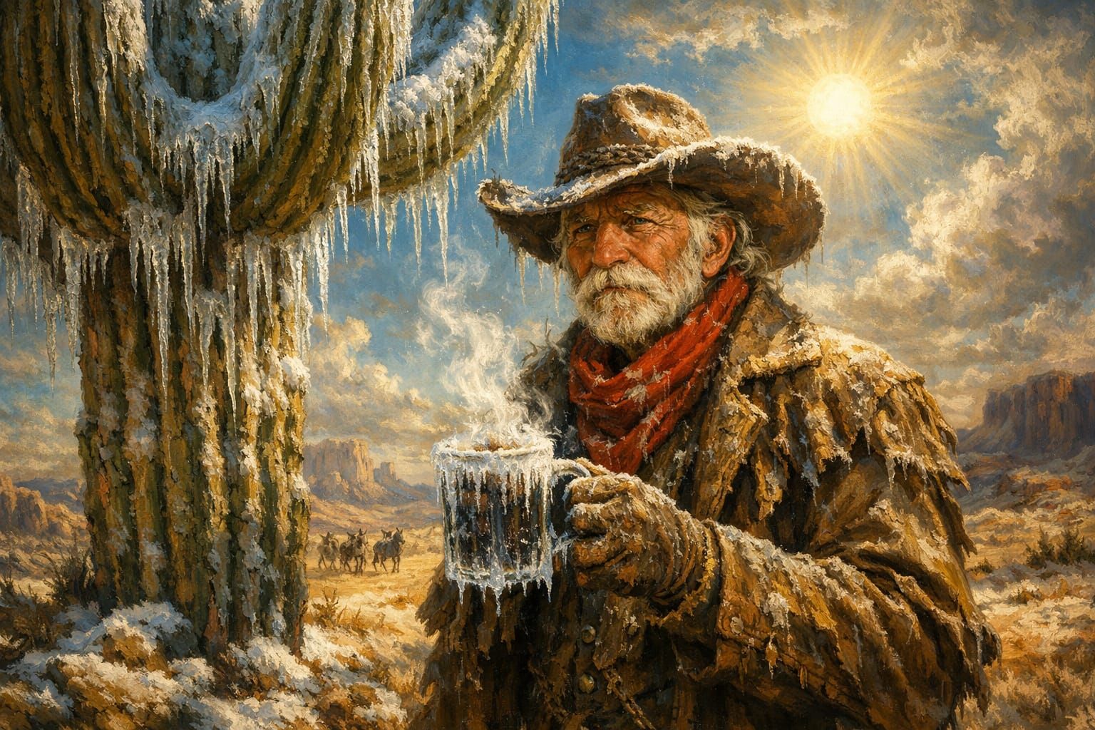 Old Cowboy Holds Frozen Coffee Under Desert Cactus