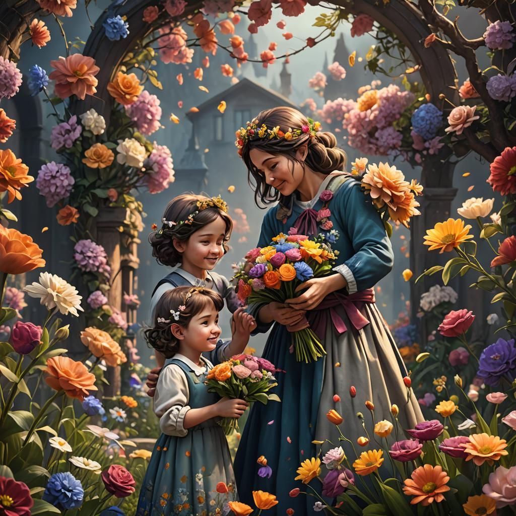 Children Giving Flowers to Mom: Fantasy Concept Art