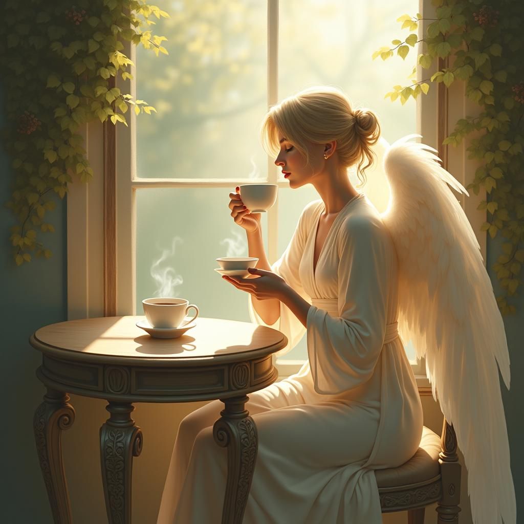 Angel Sipping Coffee in Misty Morning Light