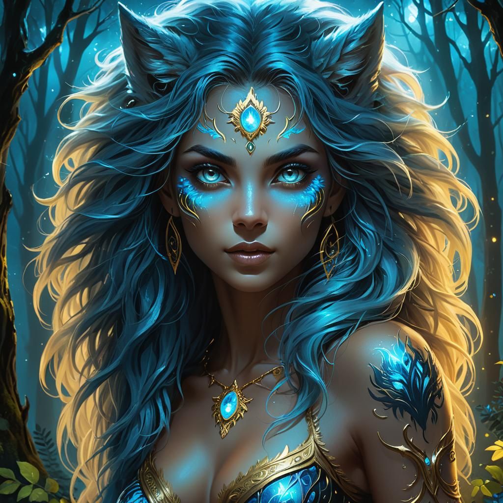 Mysterious Werewolf Woman in Dense Forest, Digital Art