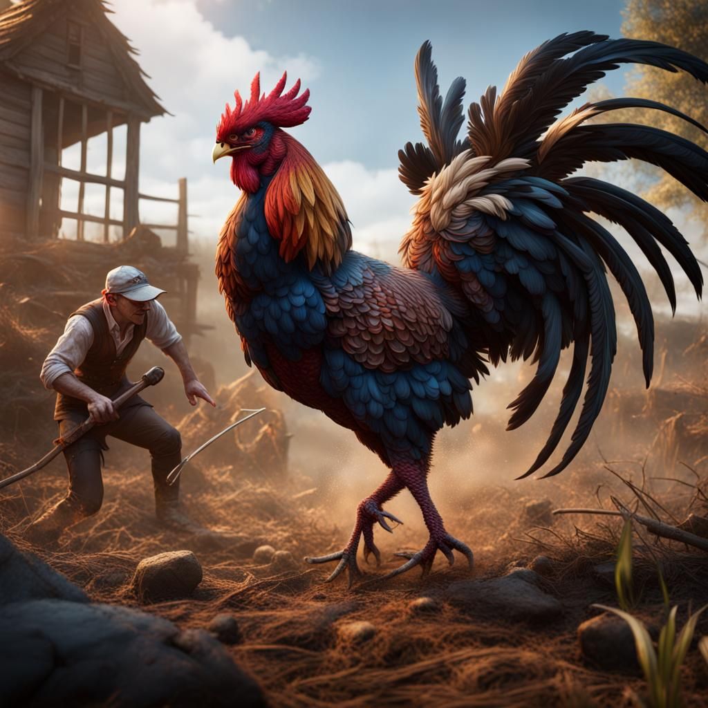Gamecock Confronts Farmer: Detailed Matte Painting
