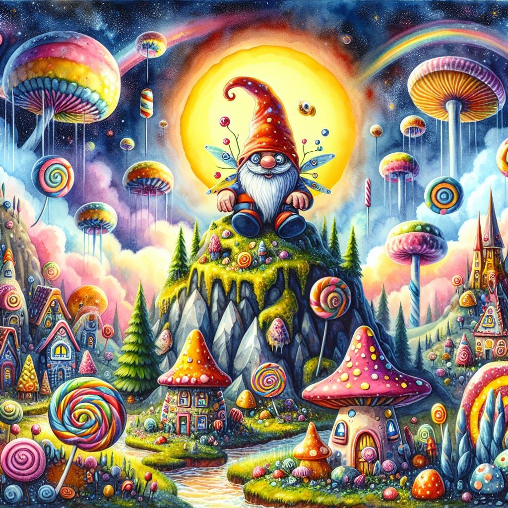 Extraterrestrial Gnome in Candyland, Watercolor Style