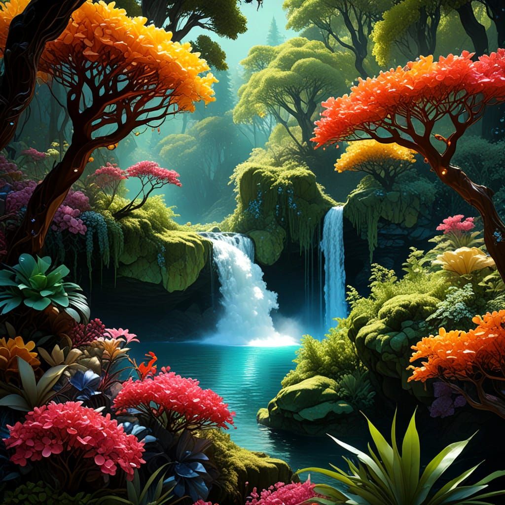 Gemstone Tropical Paradise in Vibrant Art Nouveau Style