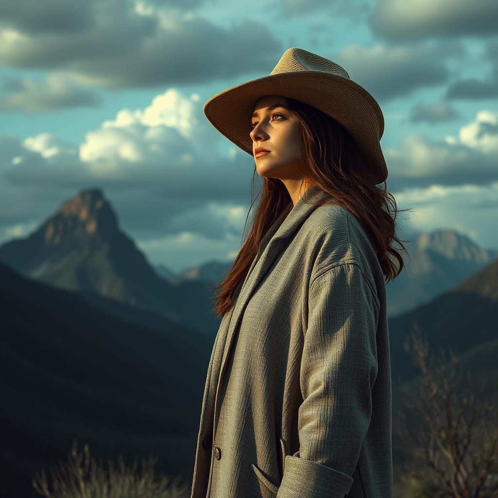 Contemplative Woman in Surreal Dark Landscape