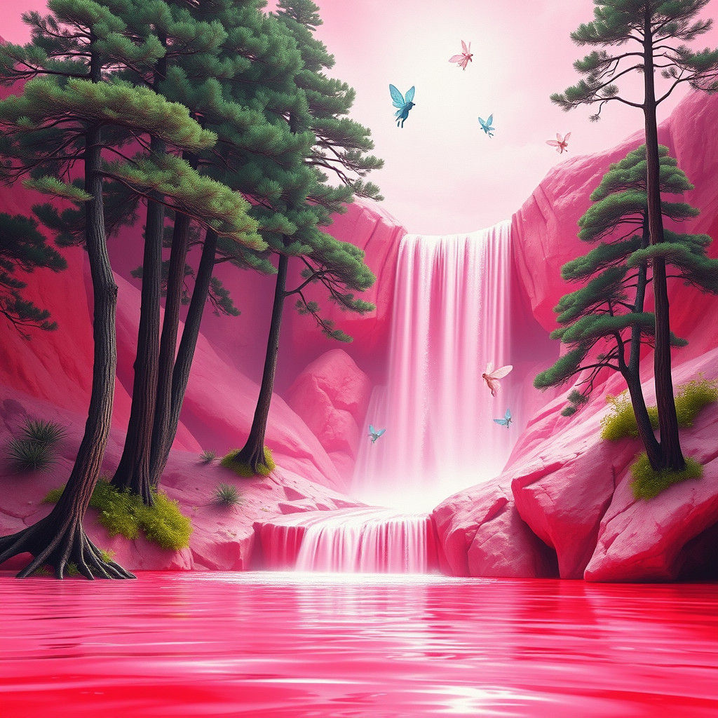 Dreamlike Pink Waterfall and Red Sea Scene