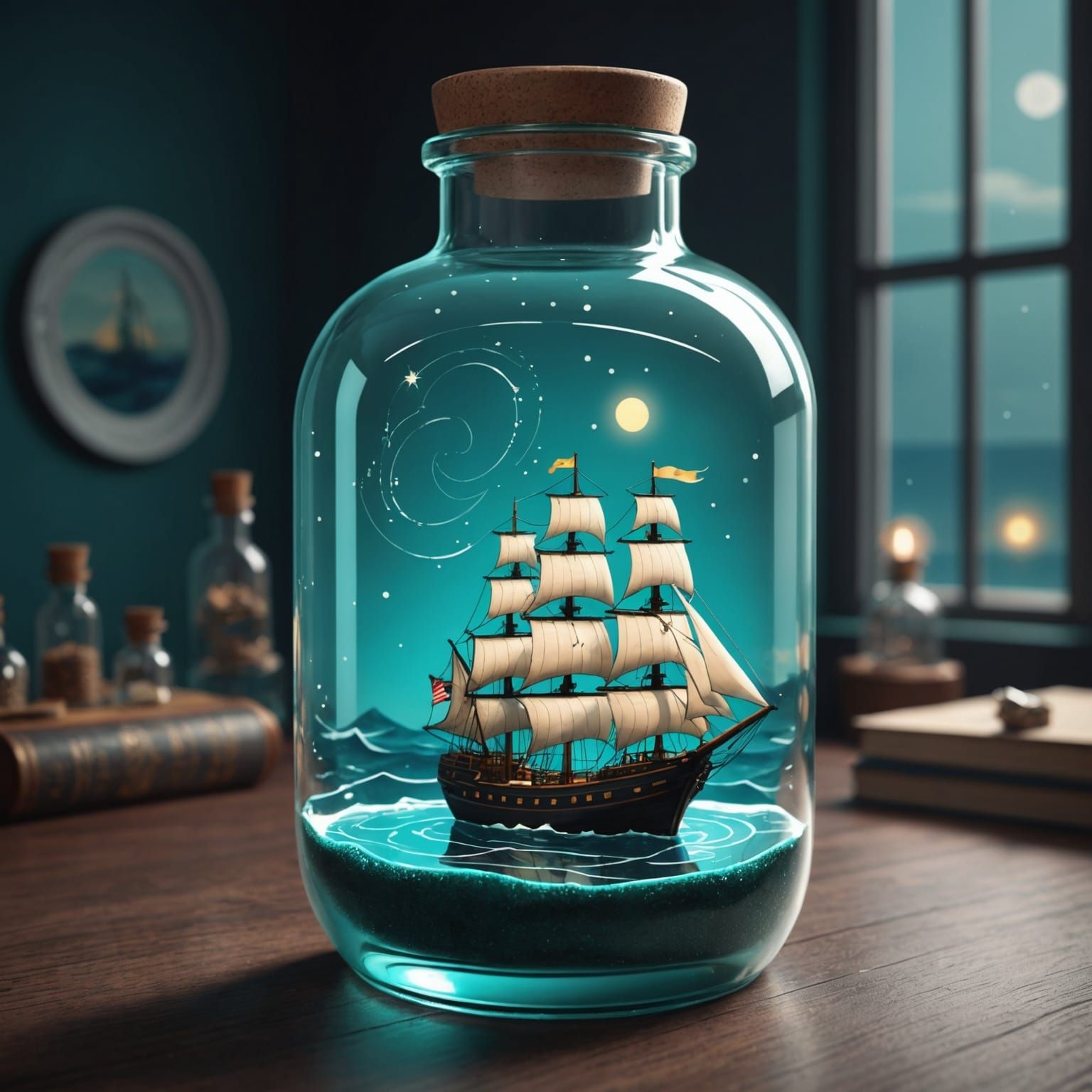 Ship in a Bottle: Dark Teal Cartoon Art