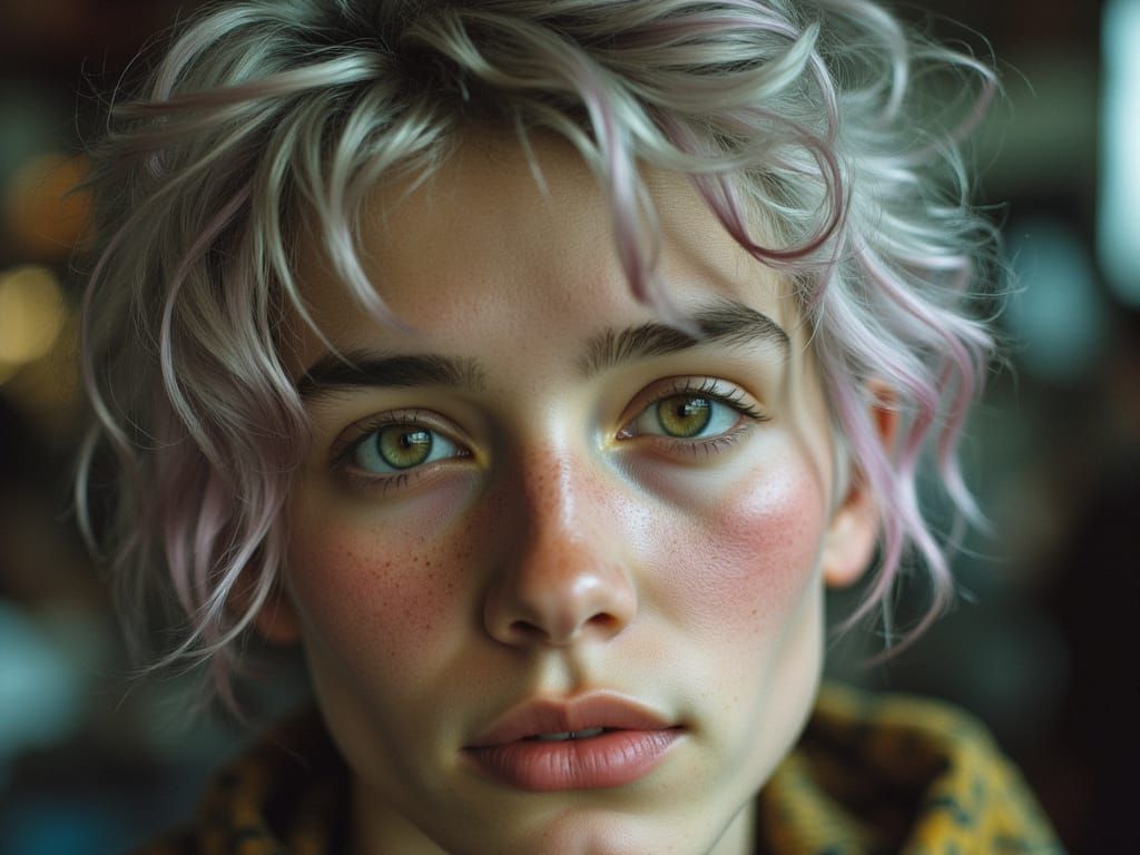 Punk Prayer with Asymmetric Hair and Neon Eyes