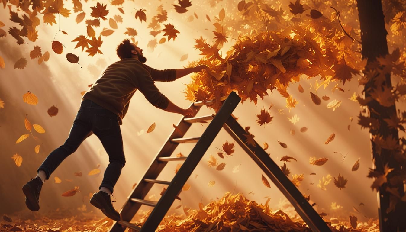 Man Jumps into Autumn Leaves, Rembrandt Lighting