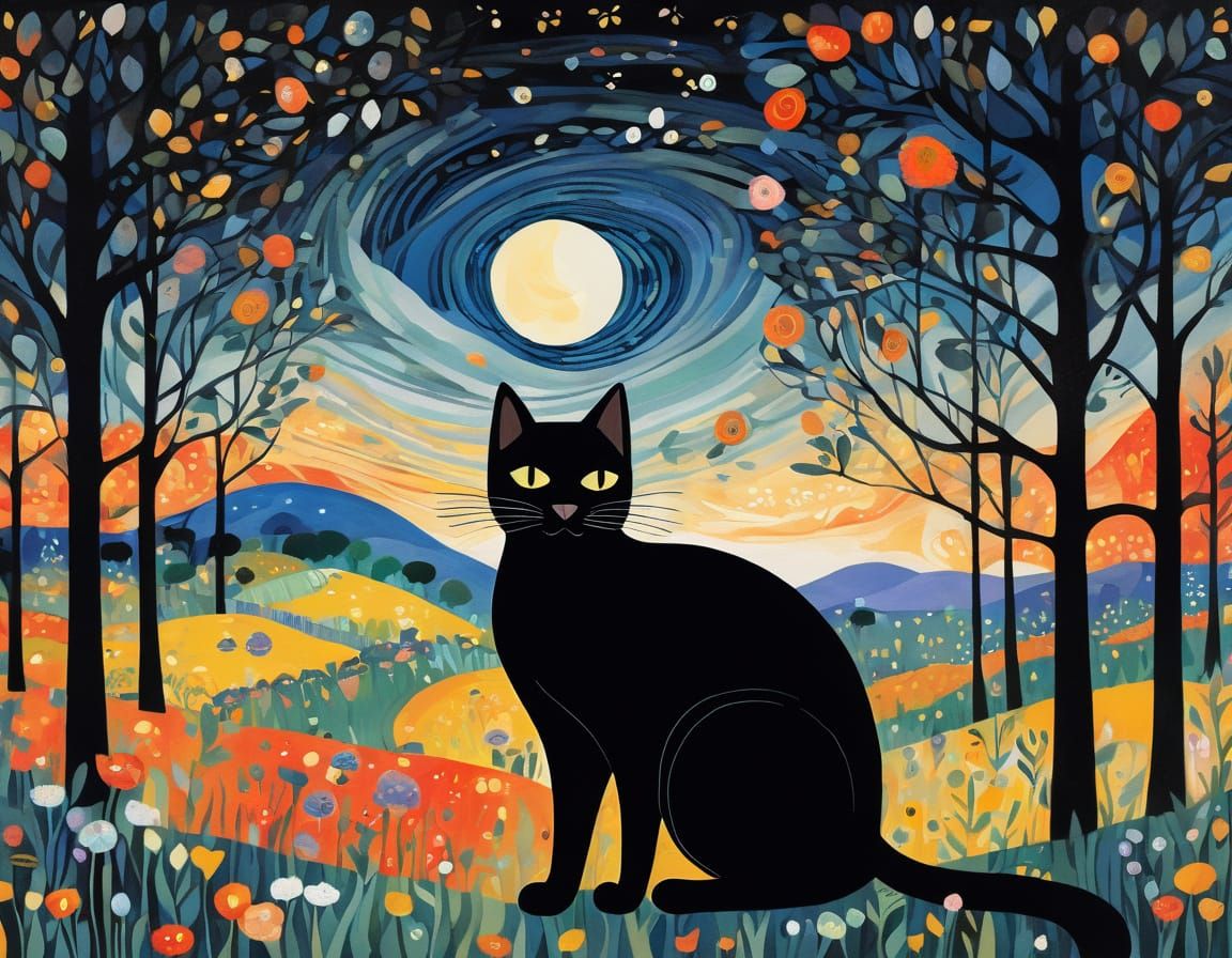 Magical Realism Black Cat in Klimt Style