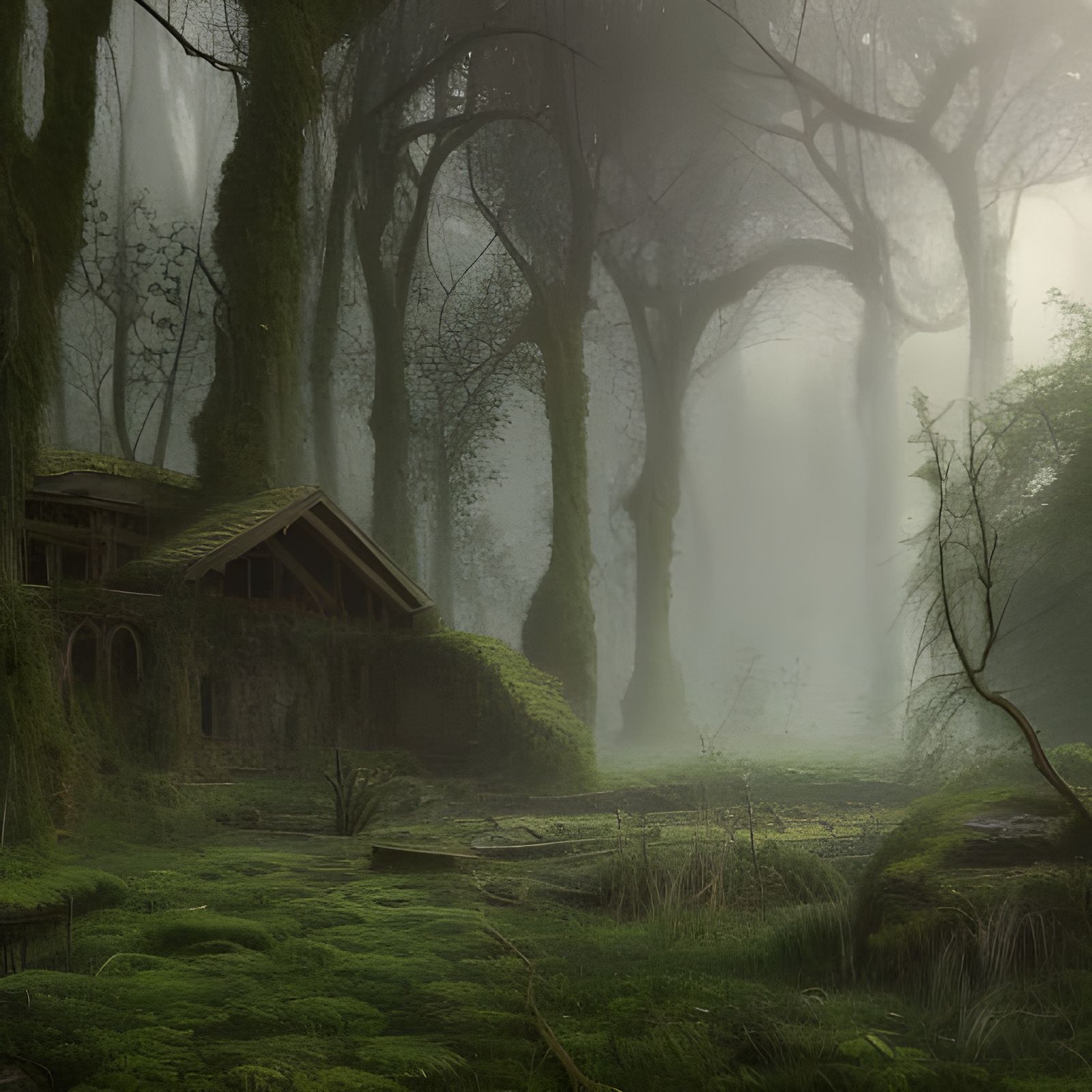Abandoned Building Reclaimed by Nature, Detailed Digital Art
