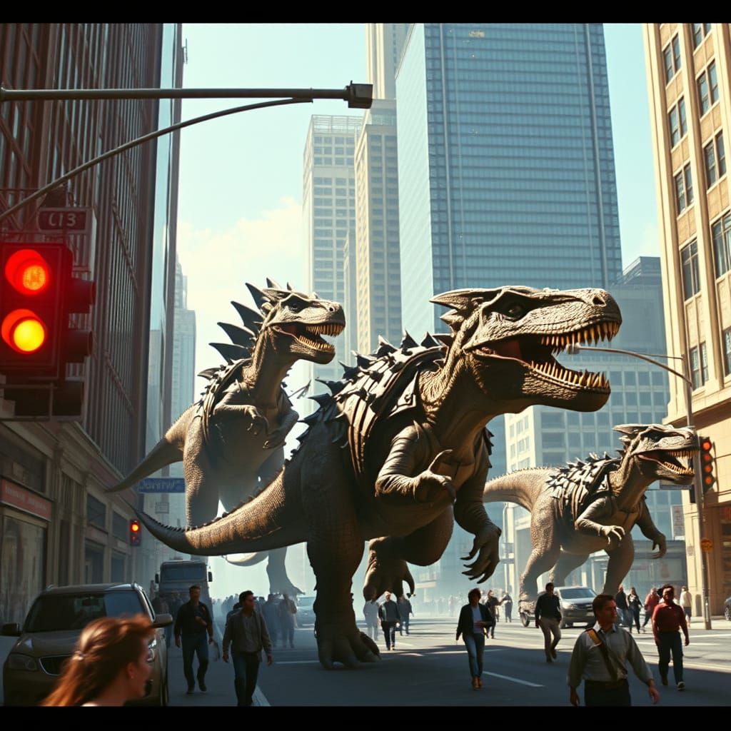 Armored Dinosaurs Attack Modern City, Vintage Movie Style