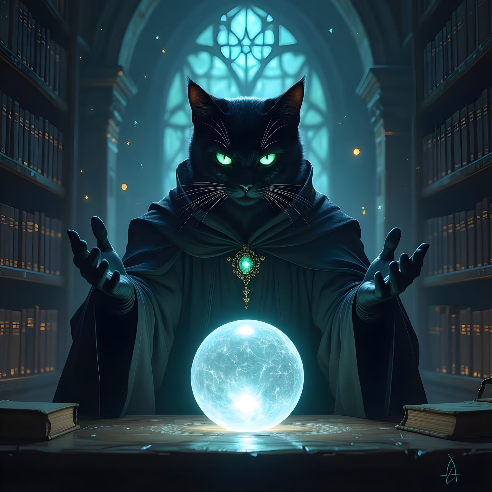Psychic Black Cat Man Holds Crystal Ball