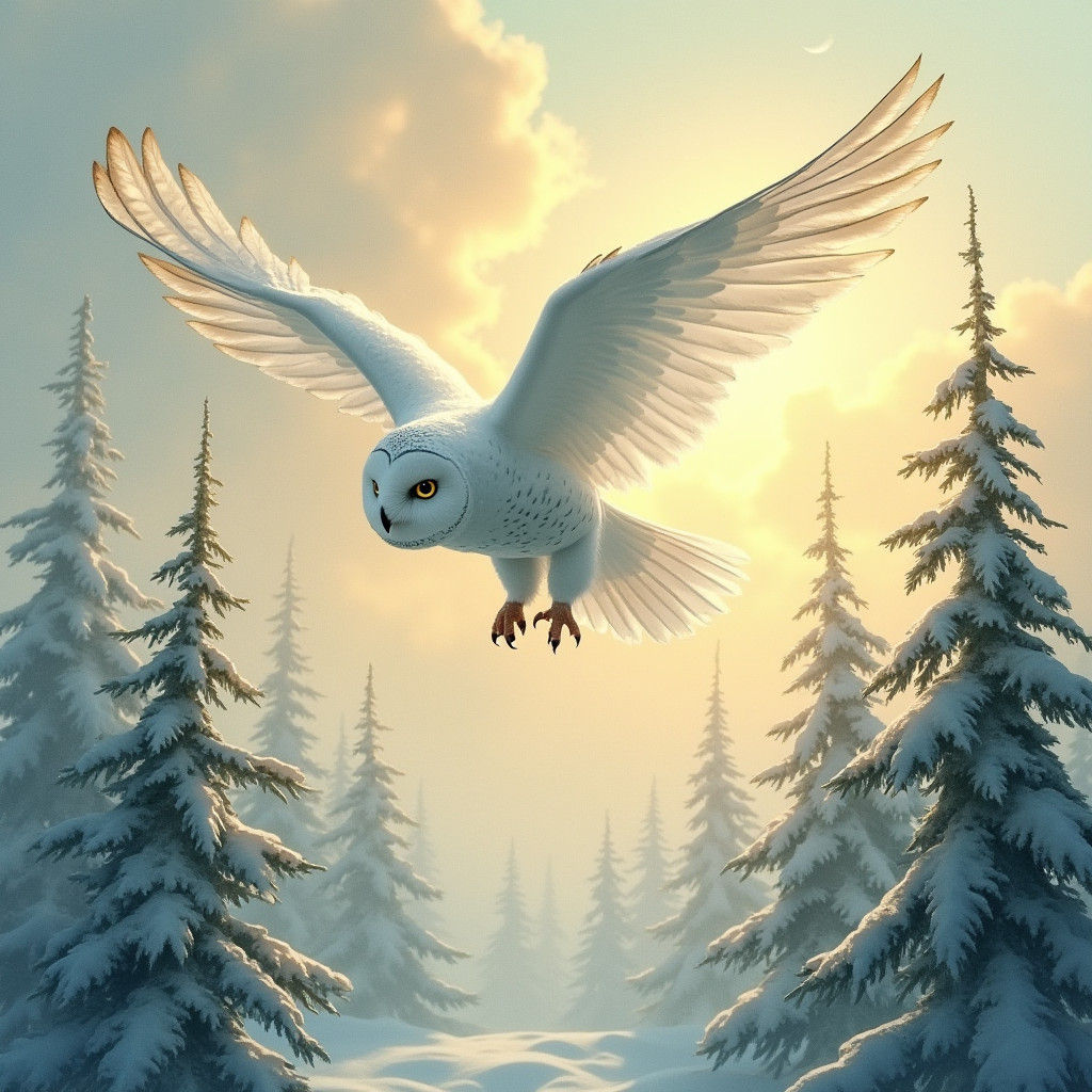White Owl Soaring Over Winter Forest, Art Nouveau Style