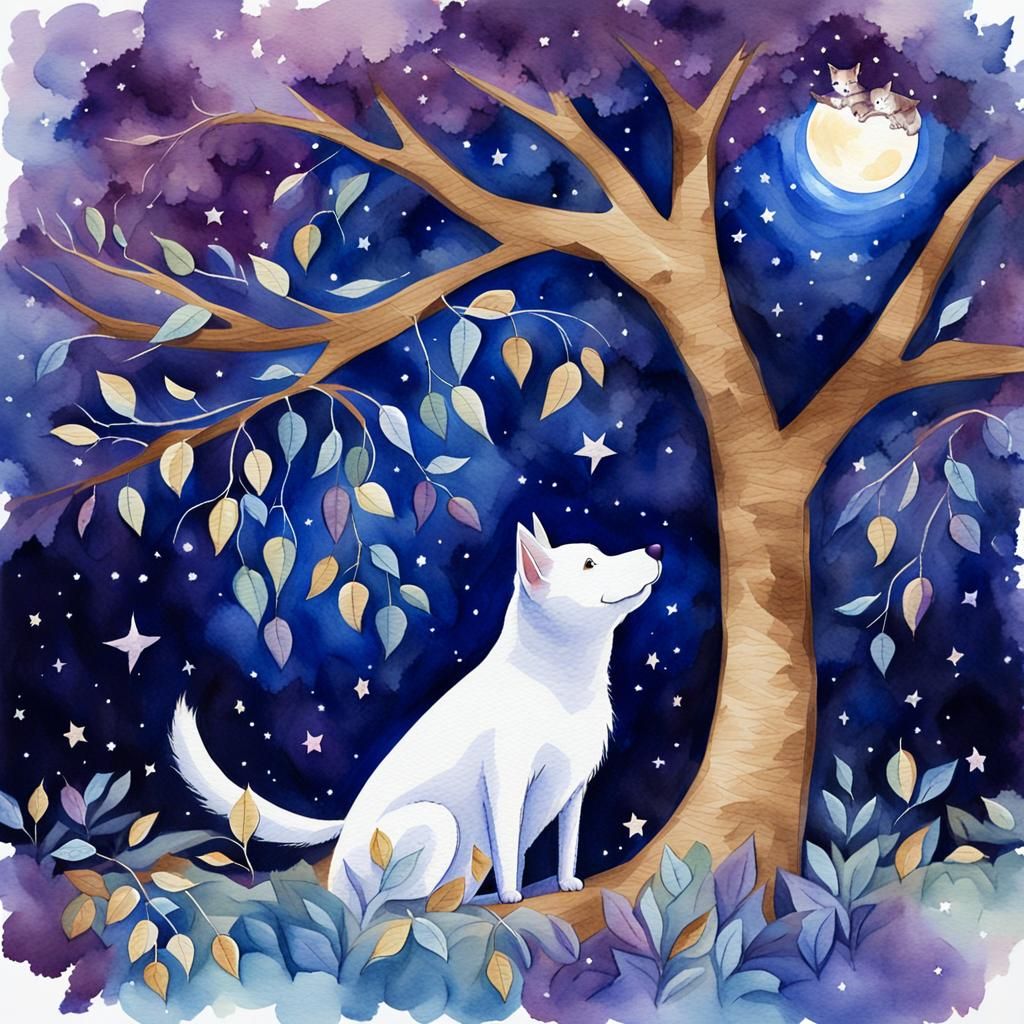 Dreamy Watercolor: Dog and Kitten Chat Under Moonlight