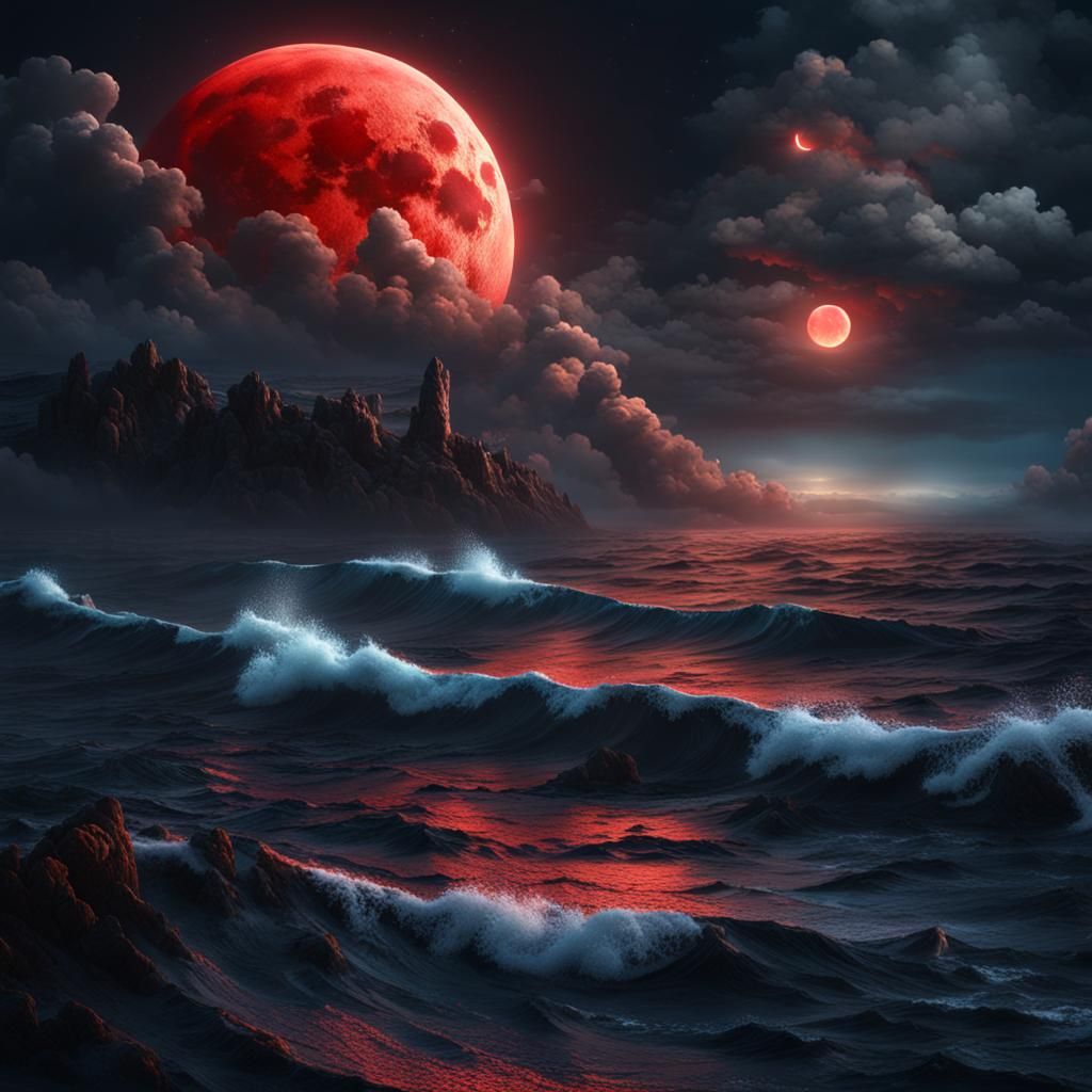 Ocean at Night with Red Moon and Lightning