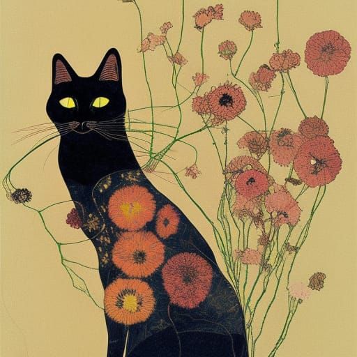 Floral Cat Collage in Expressive Style