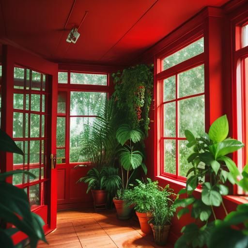Red House Interior with Lush Plants