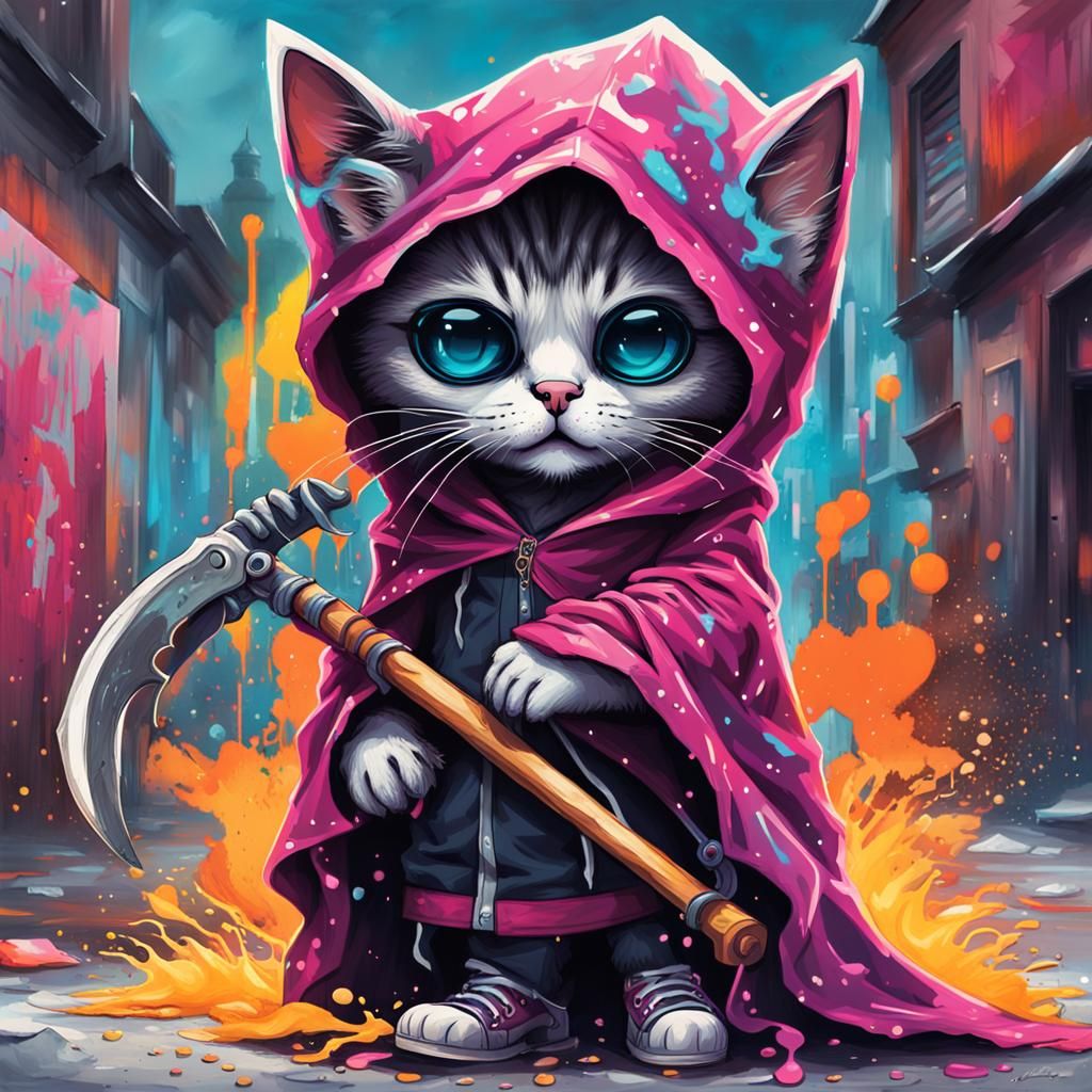 Artsy Reaper Kitten in Dystopian Graffiti Style