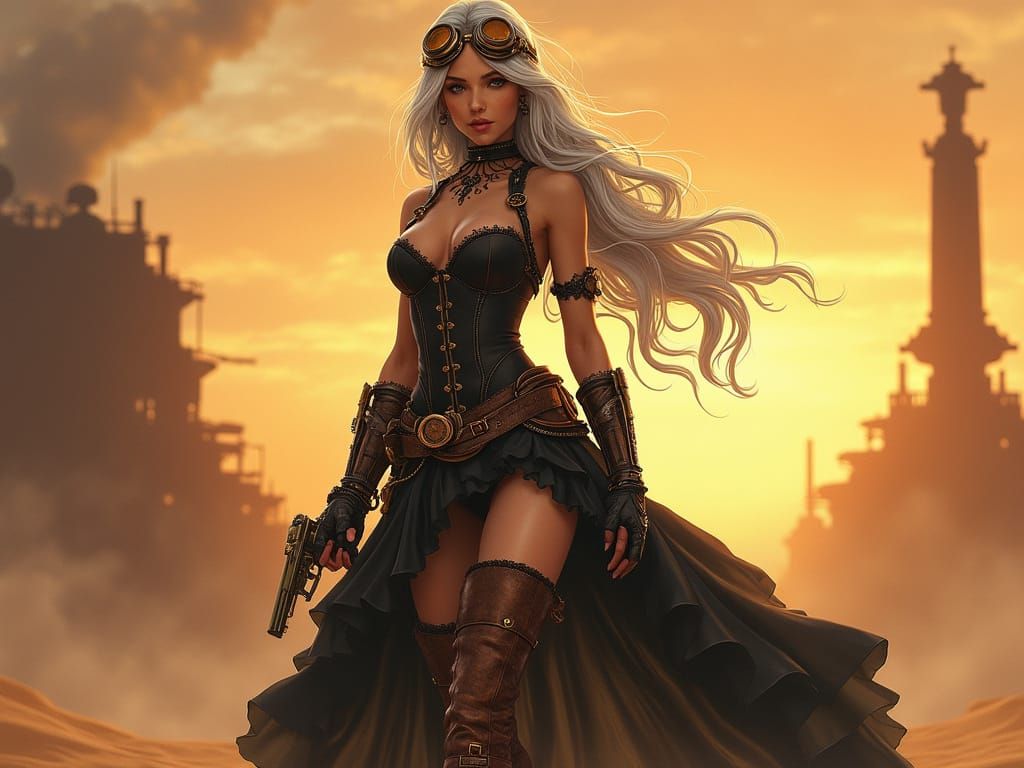 Steampunk Cowgirl in Black Gown with Brass Goggles