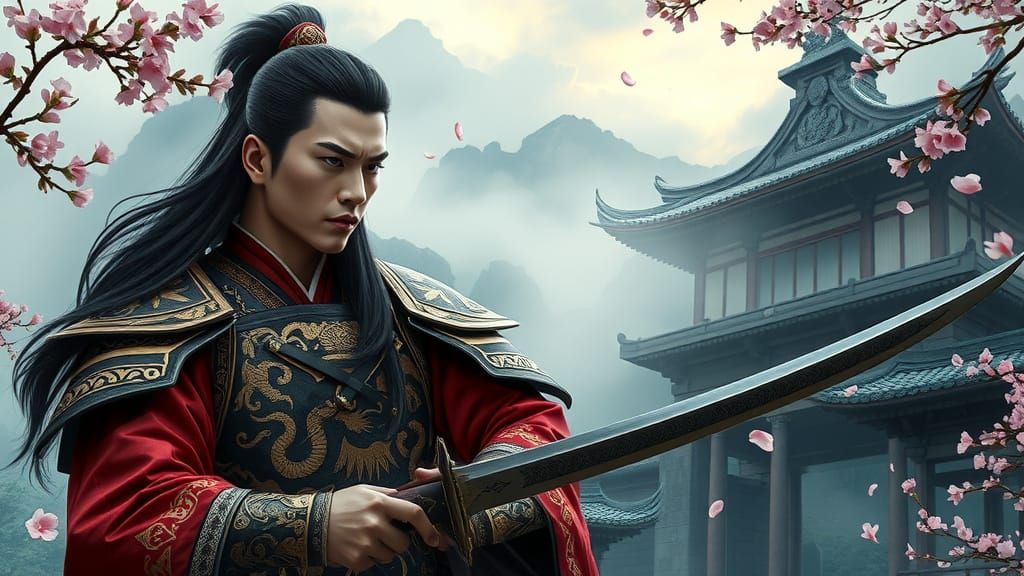 Cyberpunk Warrior in Misty Hanfu Landscape