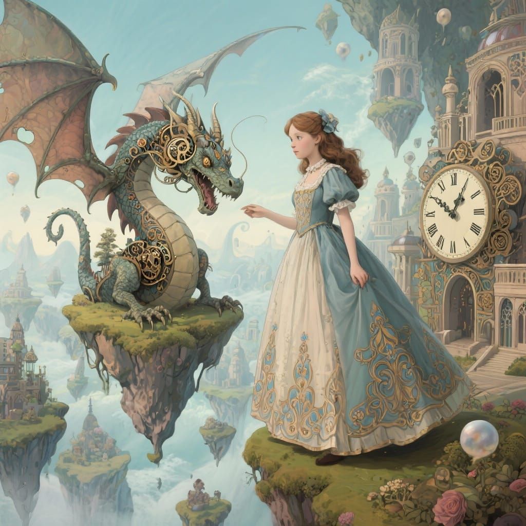 Alice Meets Clockwork Dragon in Surreal Escher Landscape