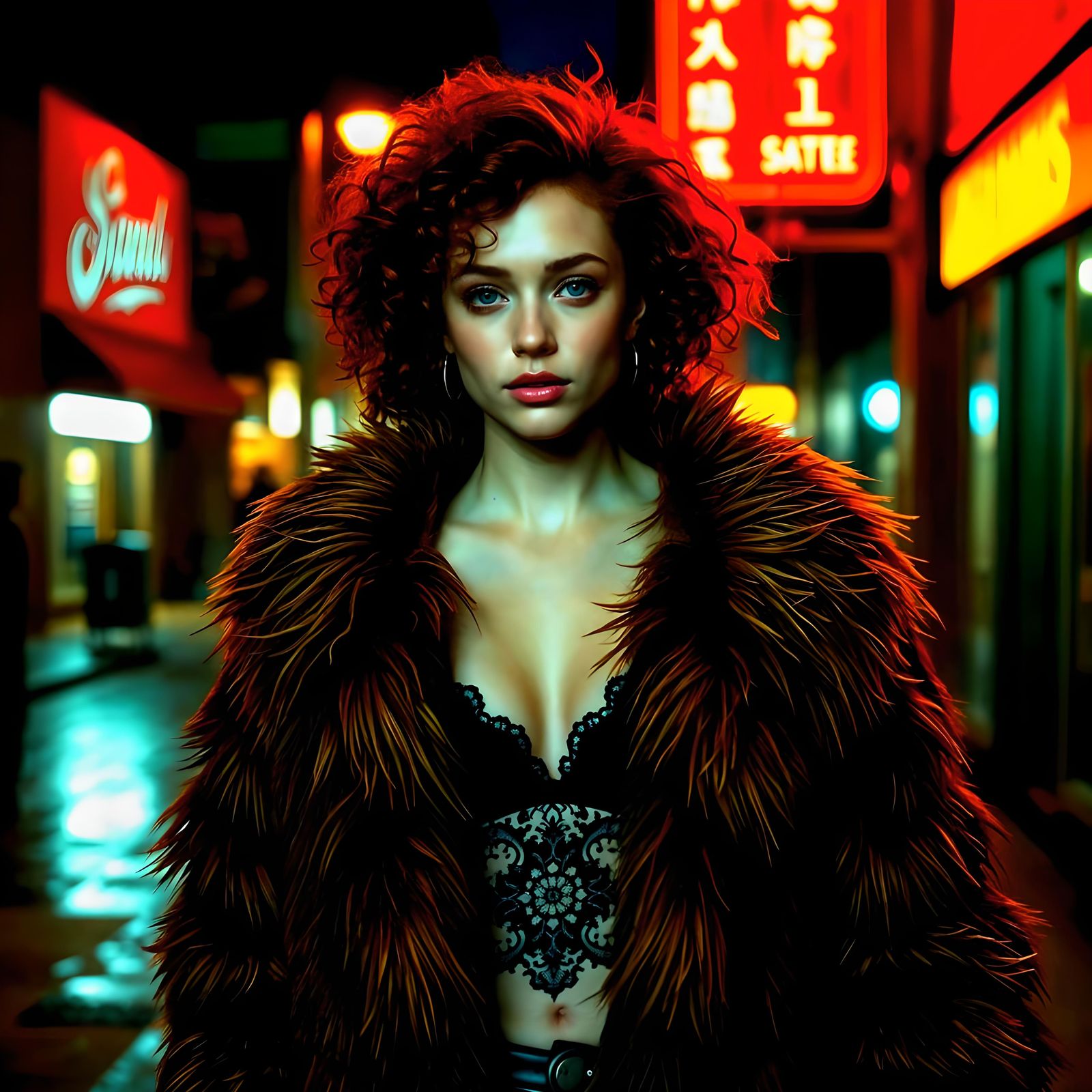 Bare-Chested Redhead in Fur Coat: Cinematic Film Still