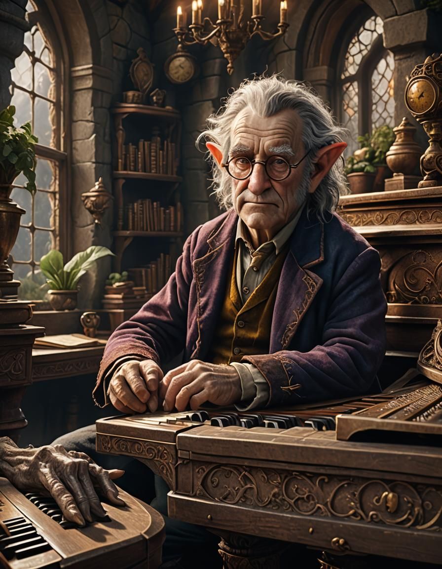 Old Hobbit Plays Piano: Detailed Fantasy Art