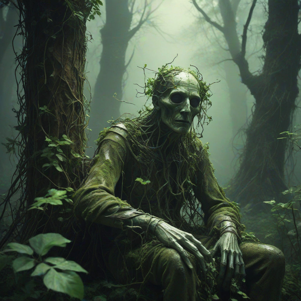Sluggish Figure Melting into Vines, Eerie Surrealism