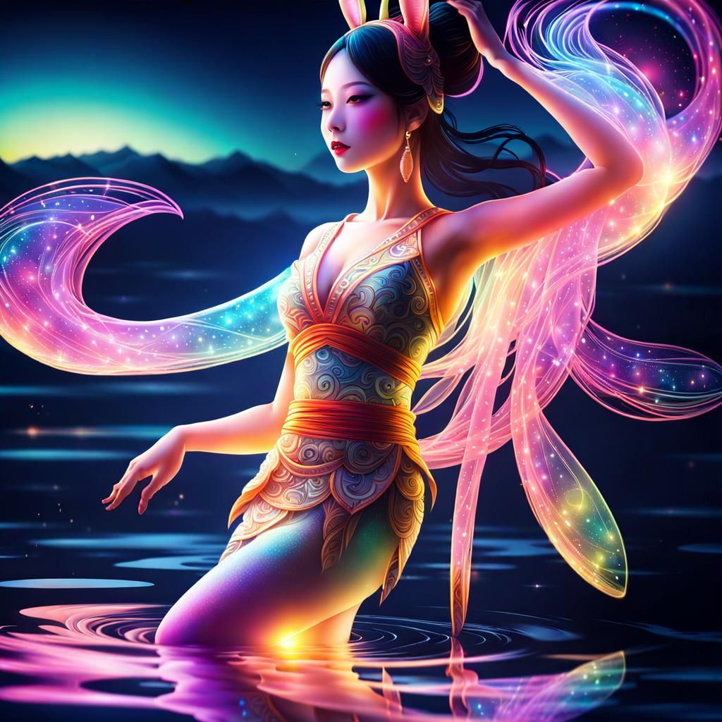 Japanese Goddess in Bunny Costume, Neon Silhouette