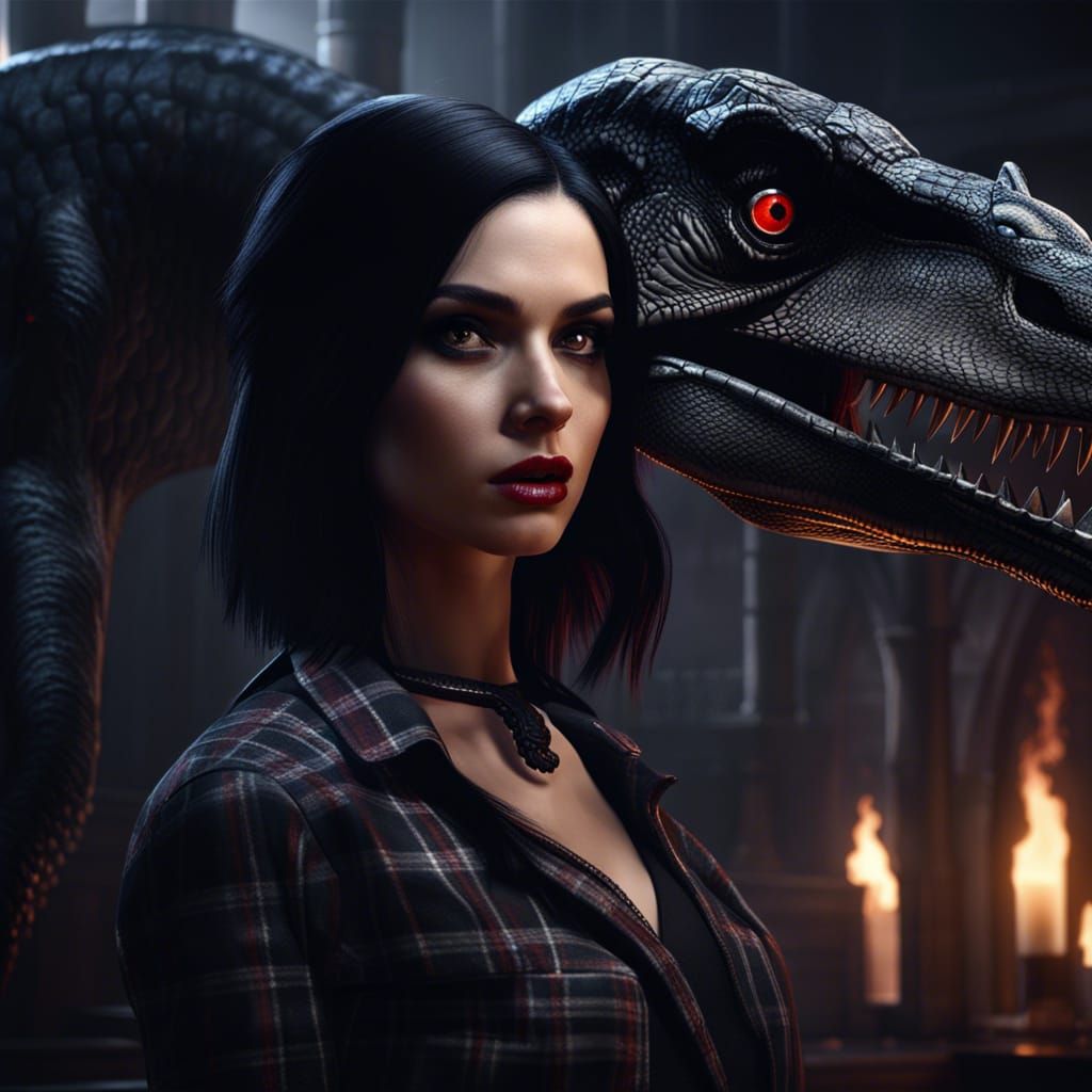 Gothic Girl and Velociraptor in Noir Style
