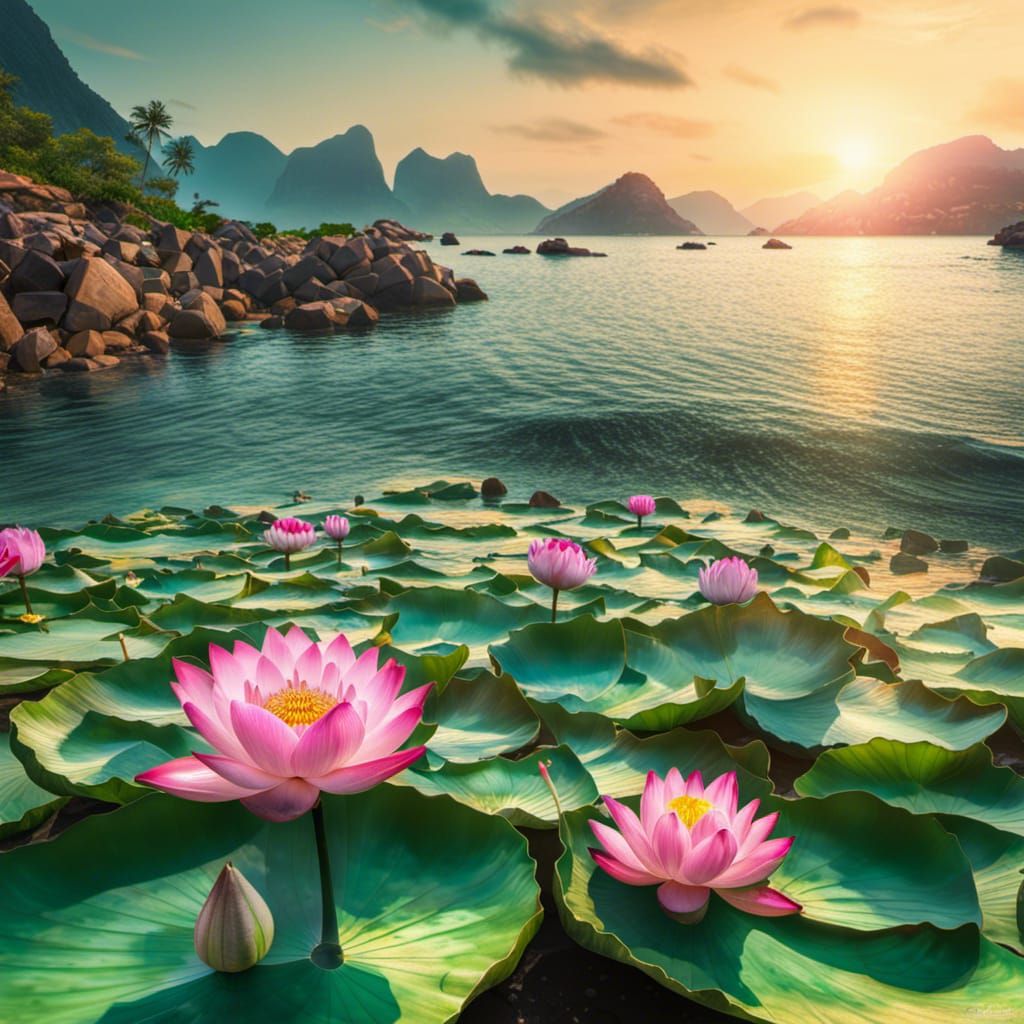 Calm Emerald Sea with Lotus Flowers