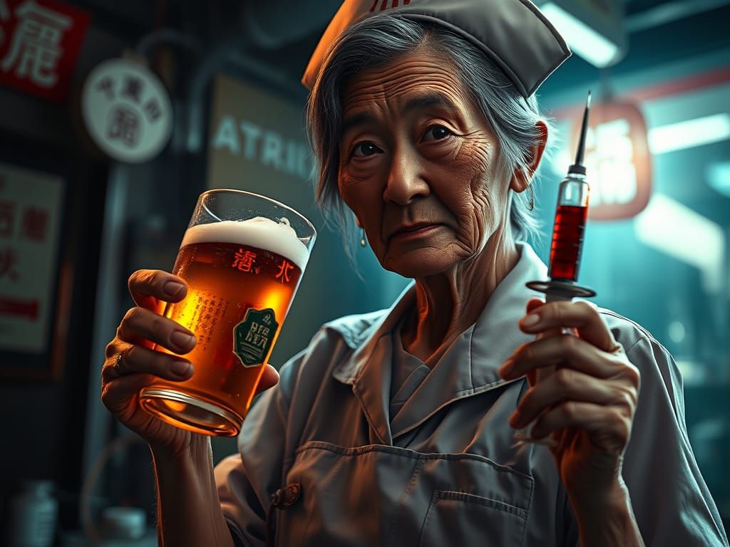 Old Japanese Nurse with Syringe and Beer, Hyper-Surrealistic