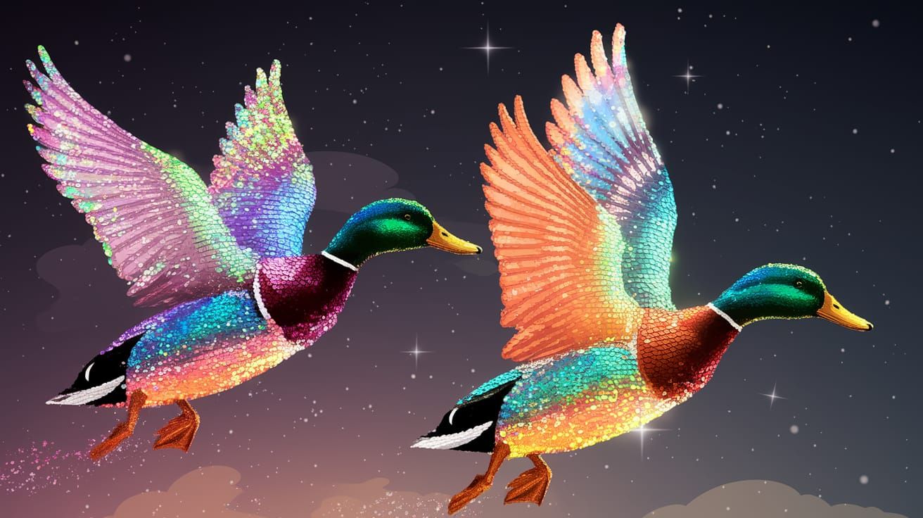 Glowing Sequins Ducks Dance Under Starry Night Sky