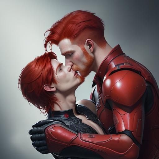 Hyperrealistic Kiss Between Two Red-Haired Men